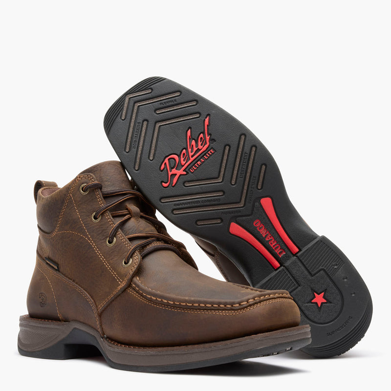 Outsole view of Durango® men’s 5 ½” Dark Earth Waterproof Red Dirt Rebel™ Ultra-Lite Lacer
