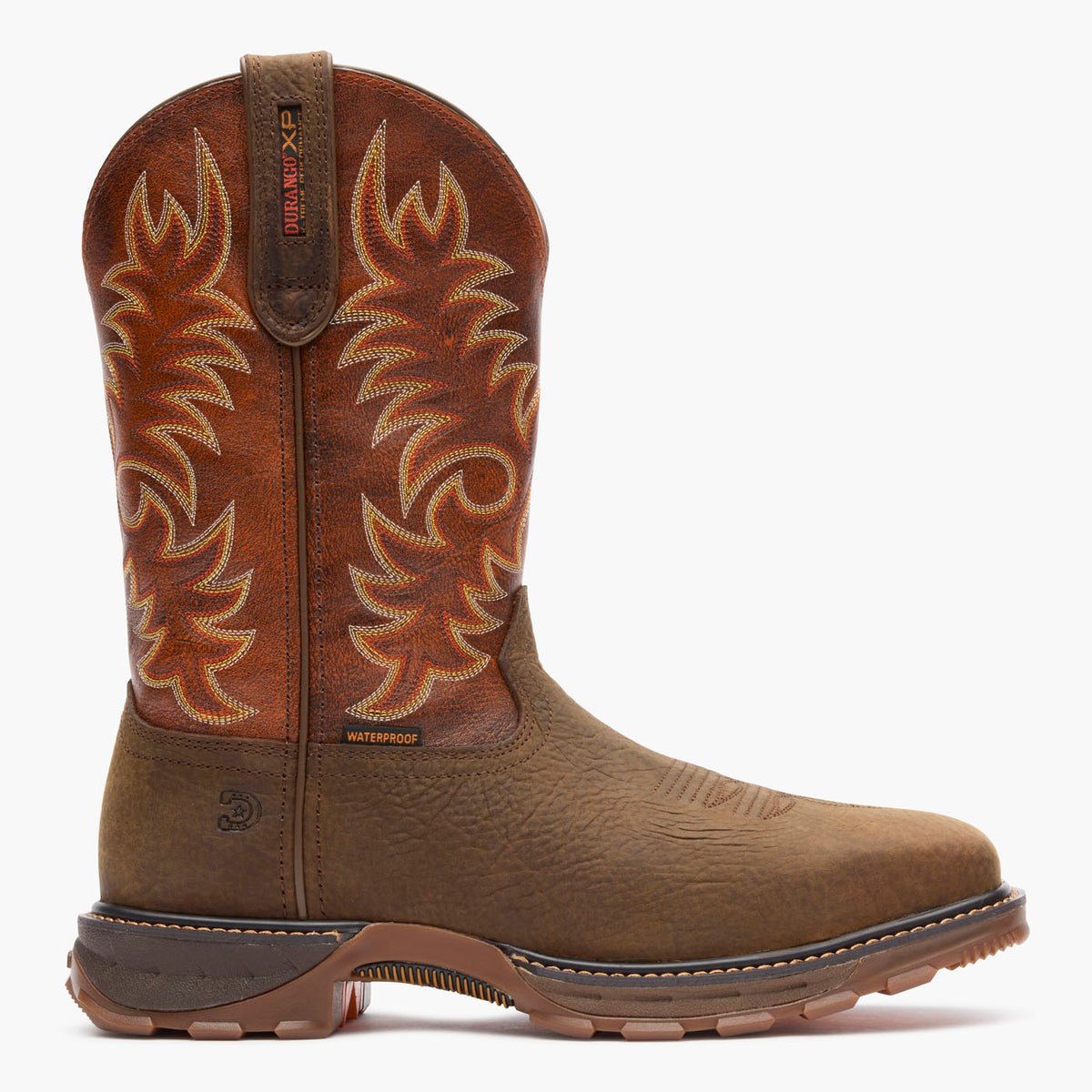 Profile view of Durango® men’s 11” Bark Brown/ Cognac Steel Toe Waterproof Durango® Maverick XP™