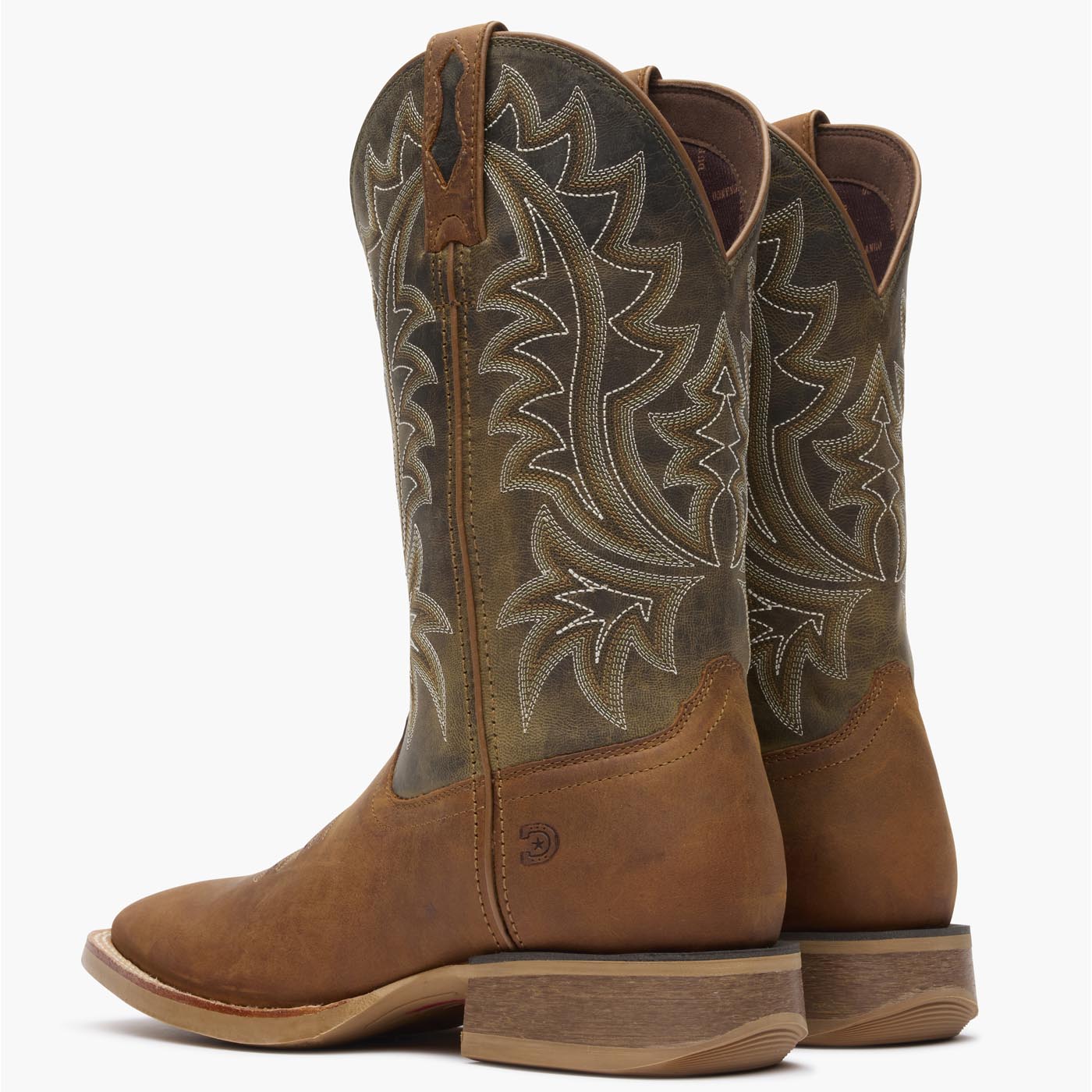 Back pair view of brown/green Durango Rebel Pro men's cowboy boots.