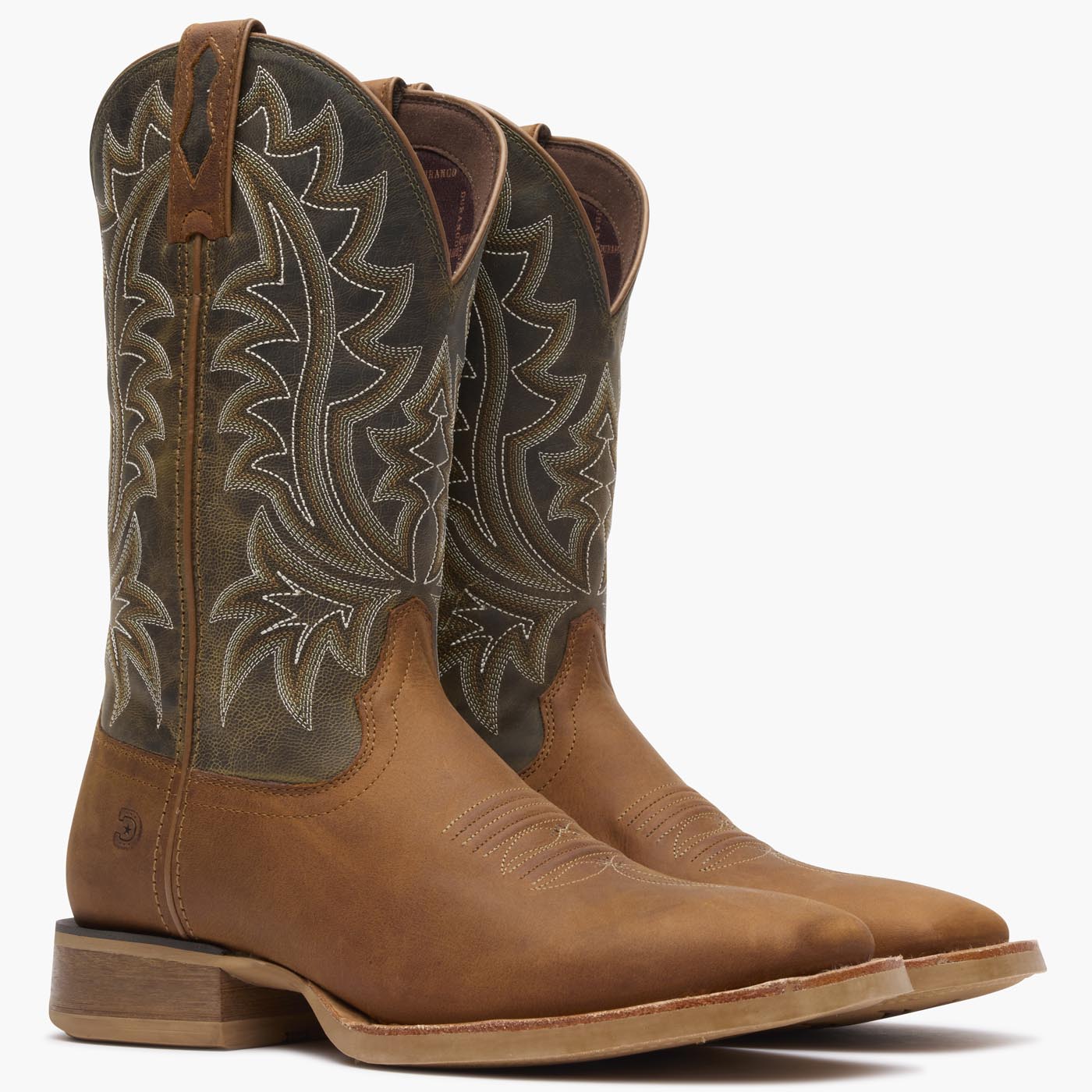 Front pair view of brown/green Durango Rebel Pro men's cowboy boots.