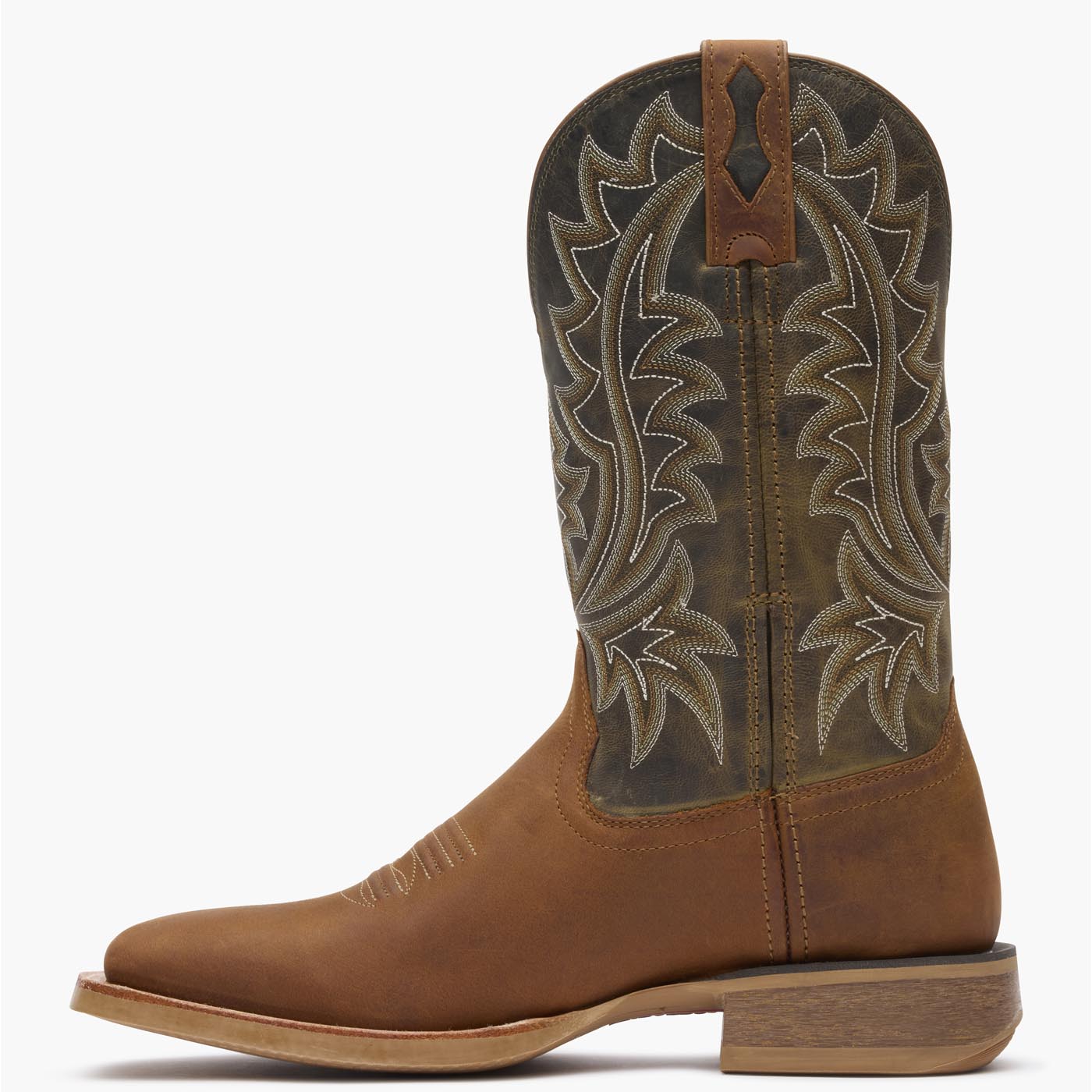 Inner side view of brown/green Durango Rebel Pro men's cowboy boots.
