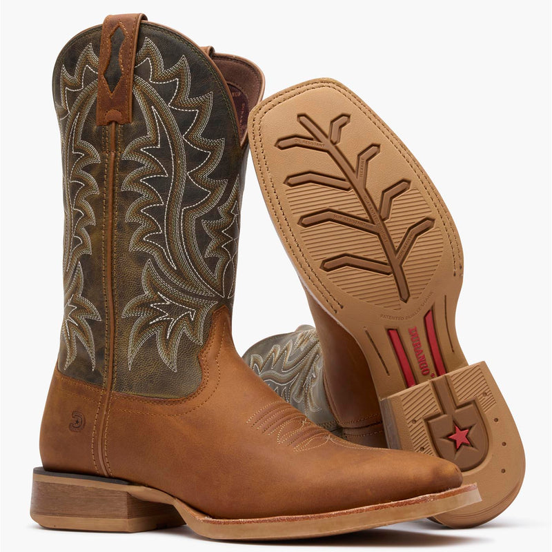 Front pair view of brown/green Durango Rebel Pro men's cowboy boots with rubber outsole showing.