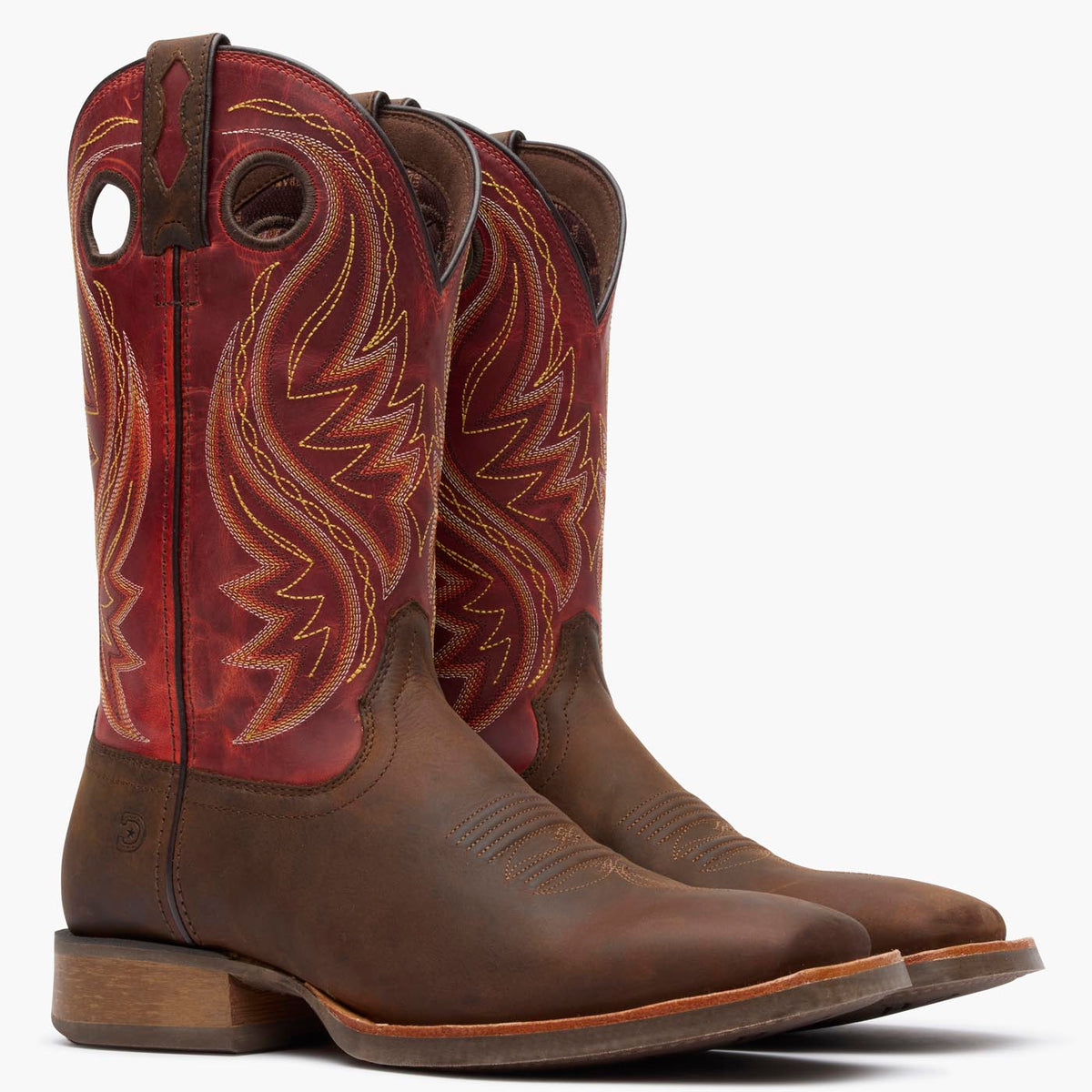 Front pair view of brown/red Durango Rebel Pro men's square cowboy boots