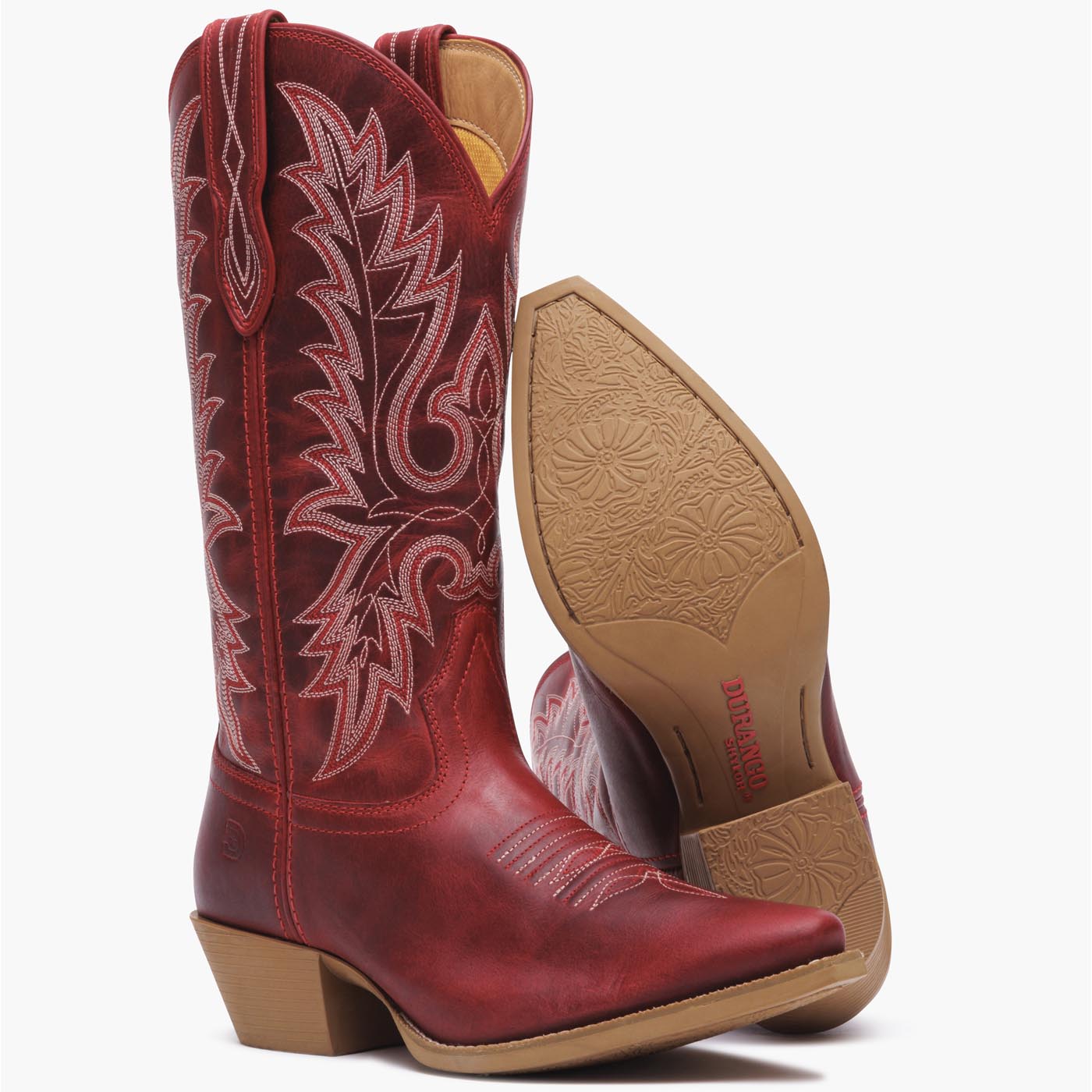 Front outsole view of a pair of Durango red cowgirl boots