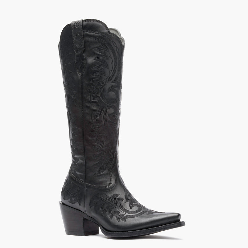 Front view of a Durango black cowgirl boot with black stitching.