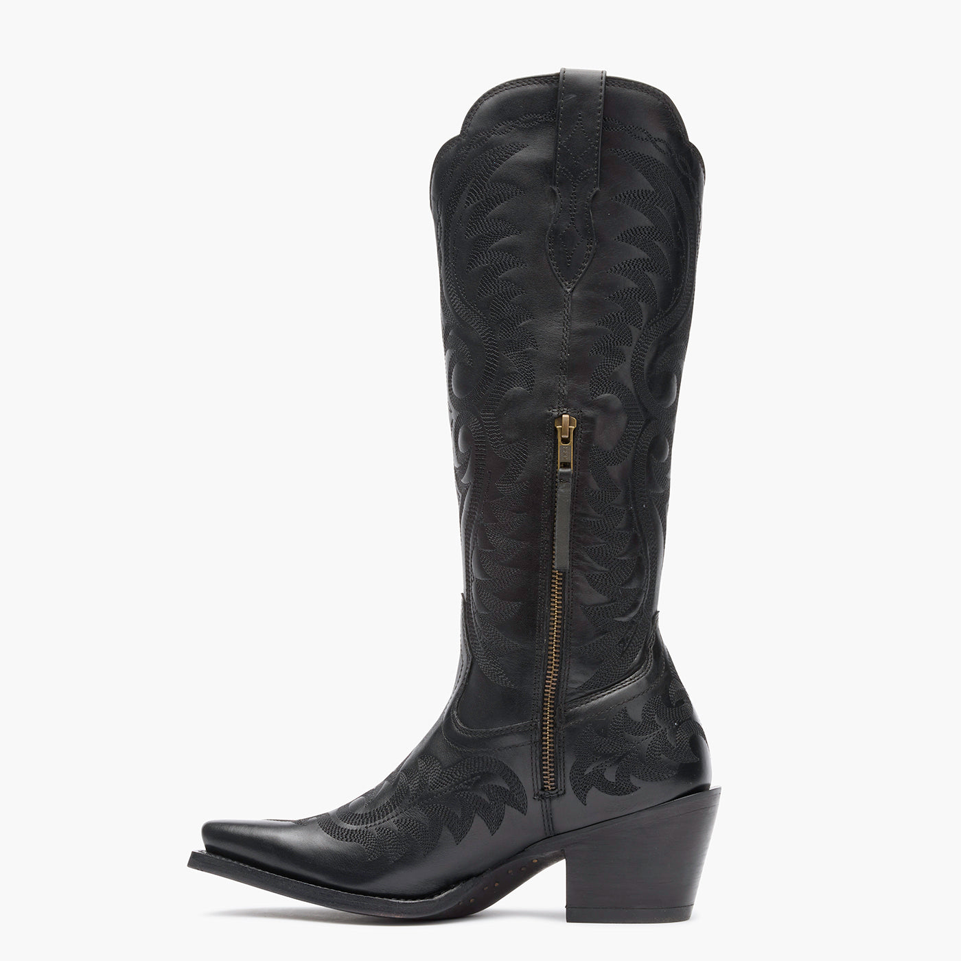 Inner side view of a Durango black cowgirl boot with black stitching and zipper.