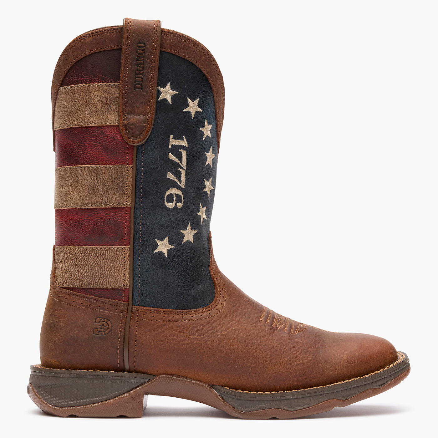 Outer side view of Durango America 250 Flag Boot with square toe