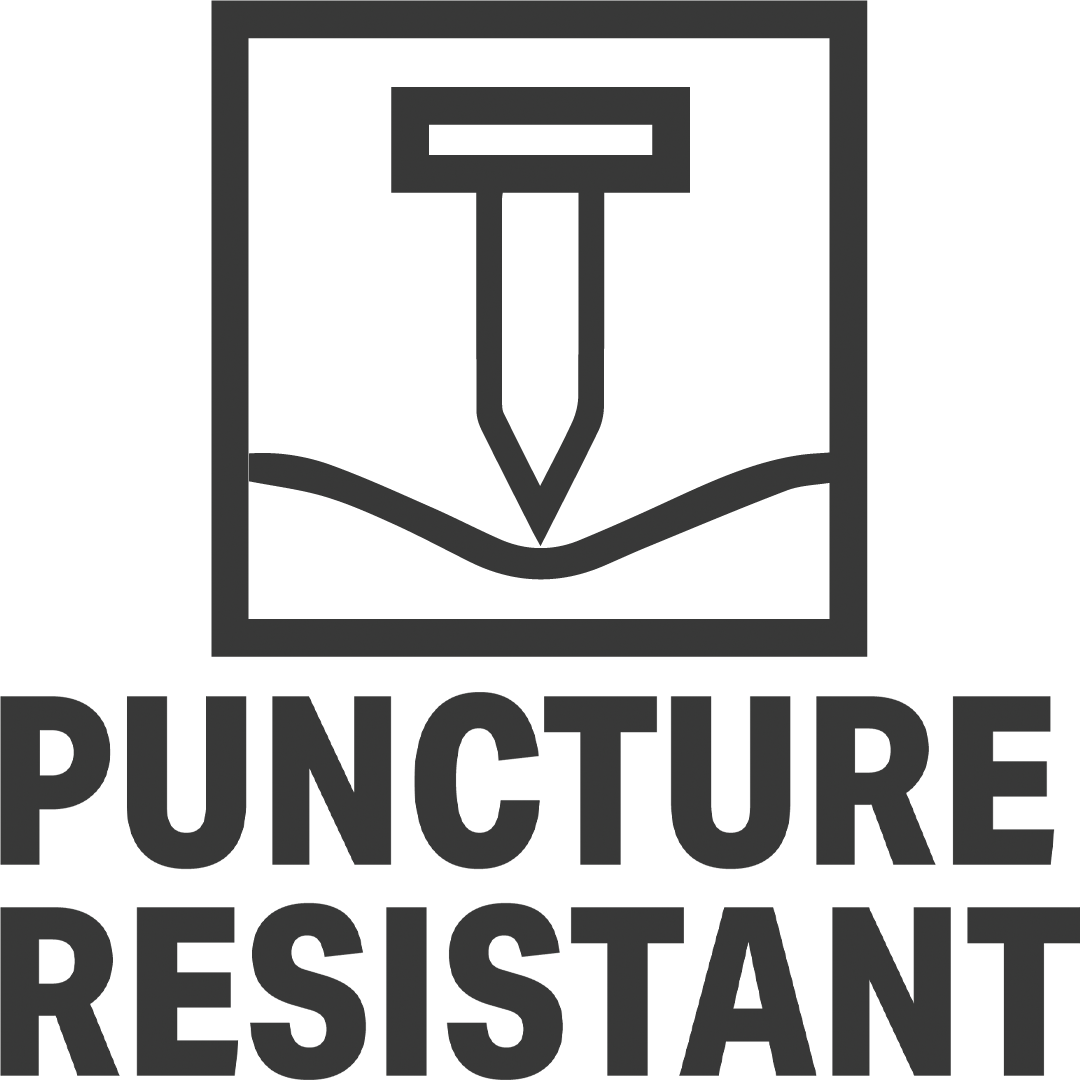 Puncture resistant logo with a nail and shield design on a white background