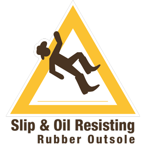 Logo indicating slip and oil resistance with a person falling through a yellow triangle on a white background.