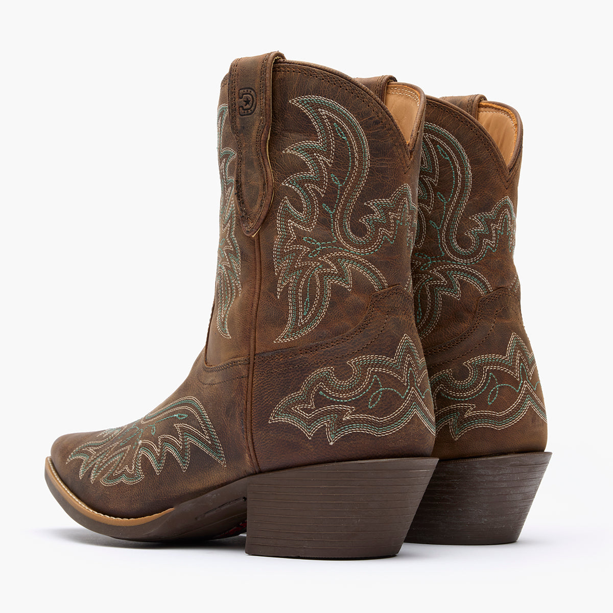 Back view of a pair of Durango Shyloh brown fashion toe western boots