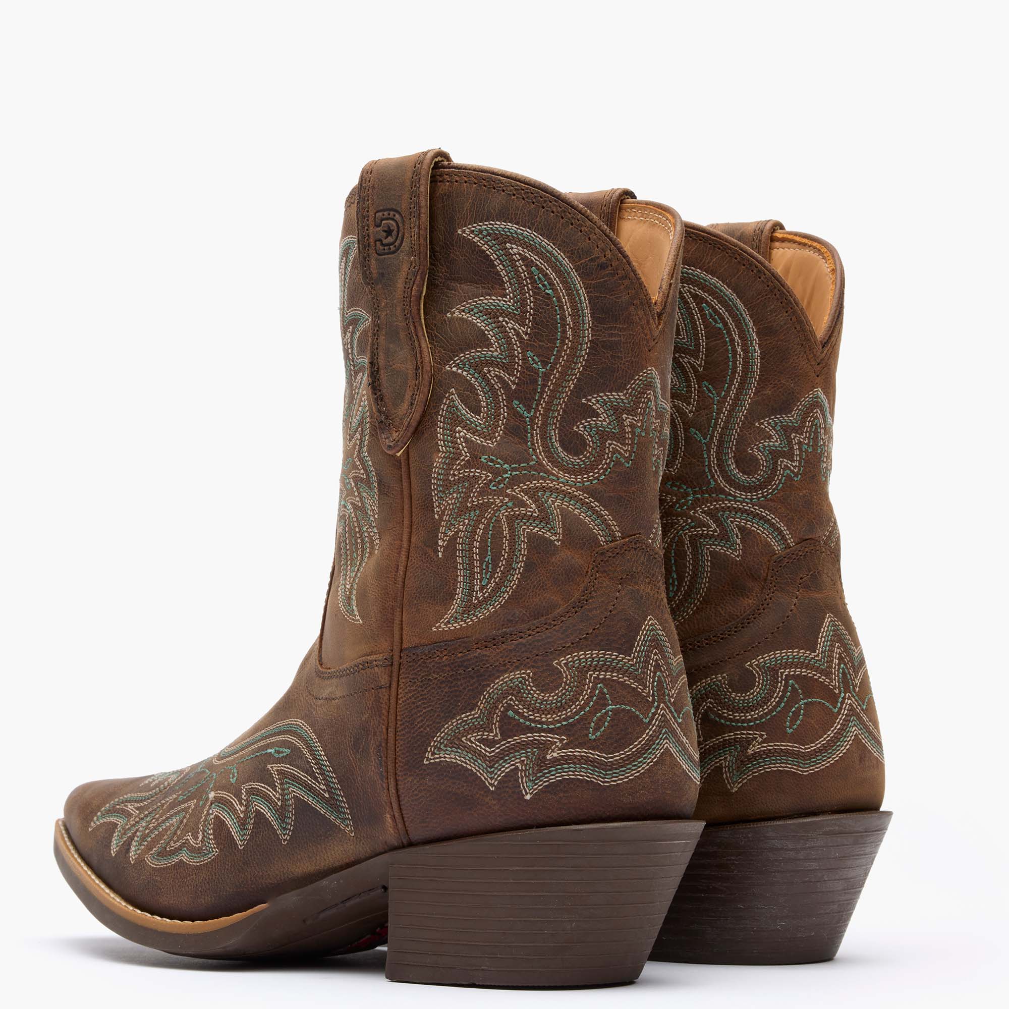 Back view of a pair of Durango Shyloh brown fashion toe western boots