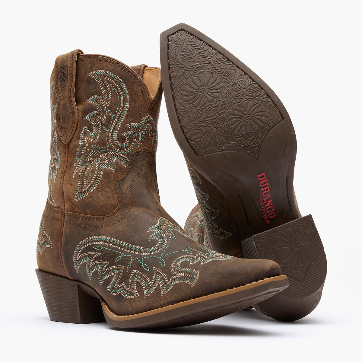 Front view of a pair of Durango Shyloh brown fashion toe western boots showing outsole