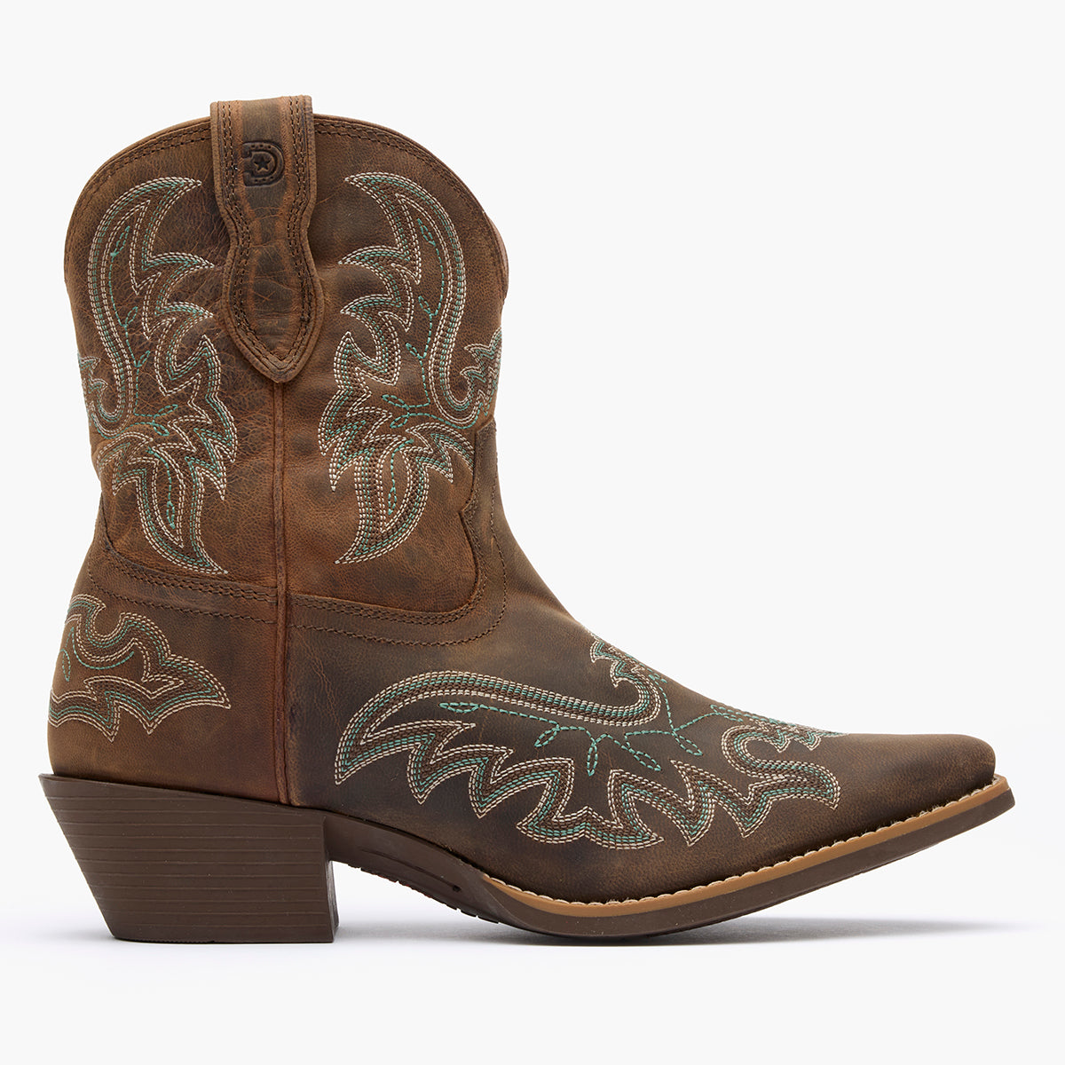 Outer side view of Durango Shyloh brown fashion toe western boot