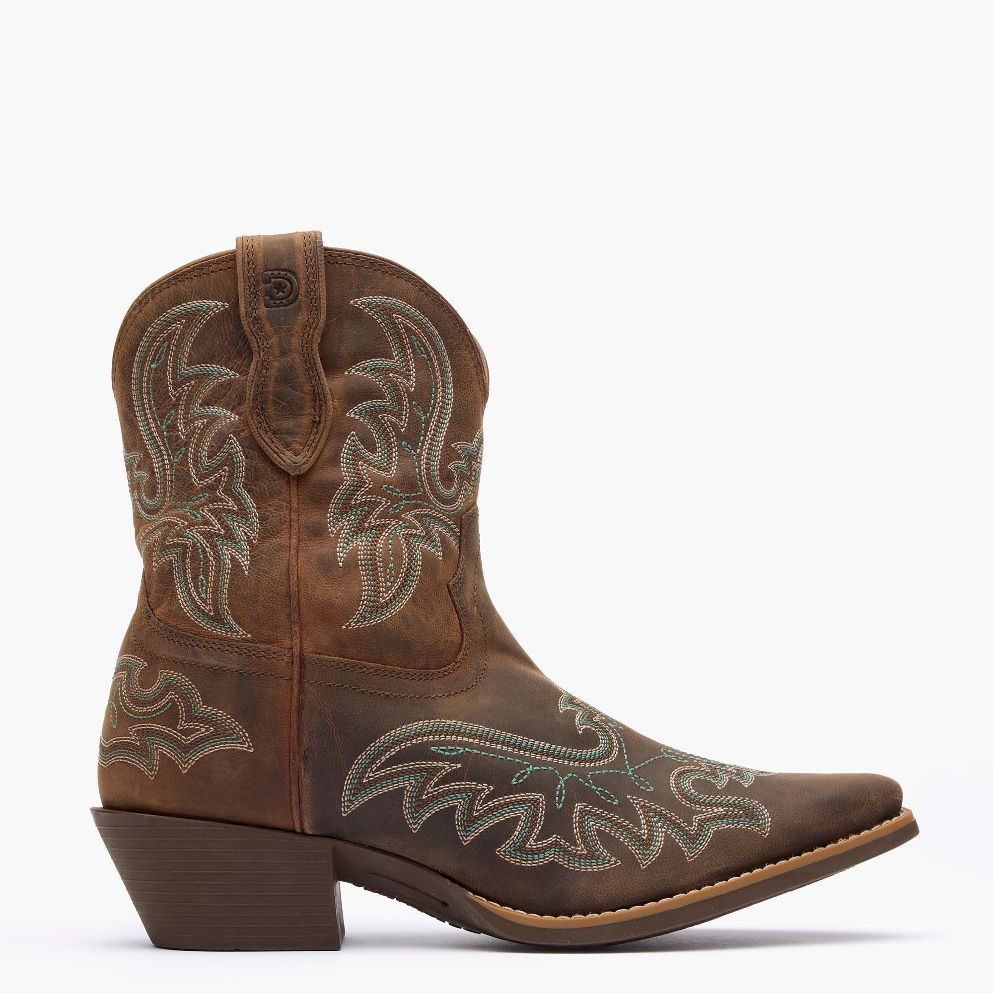 Outer side view of Durango Shyloh brown fashion toe western boot