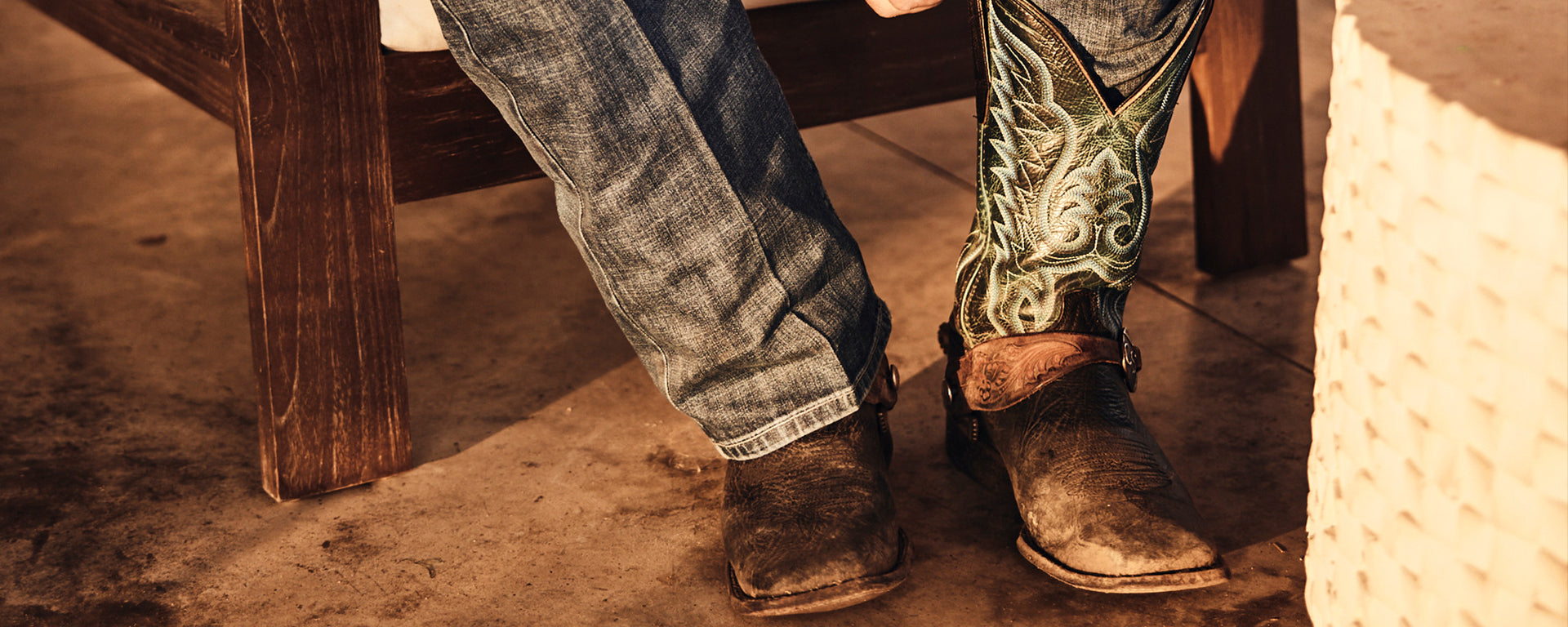 Close-up of Durango cowboy boots and jeans.